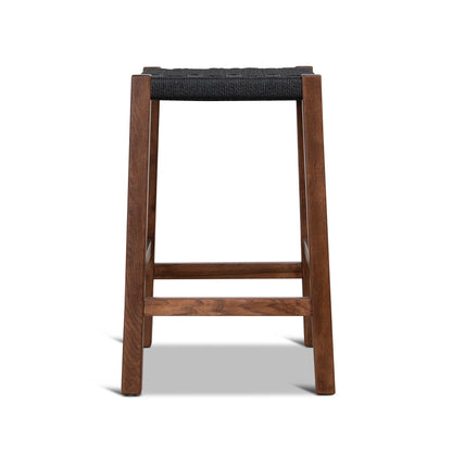 Baybreeze | Backless Coastal Black Walnut Natural Wooden Rattan Bar Stool | Walnut