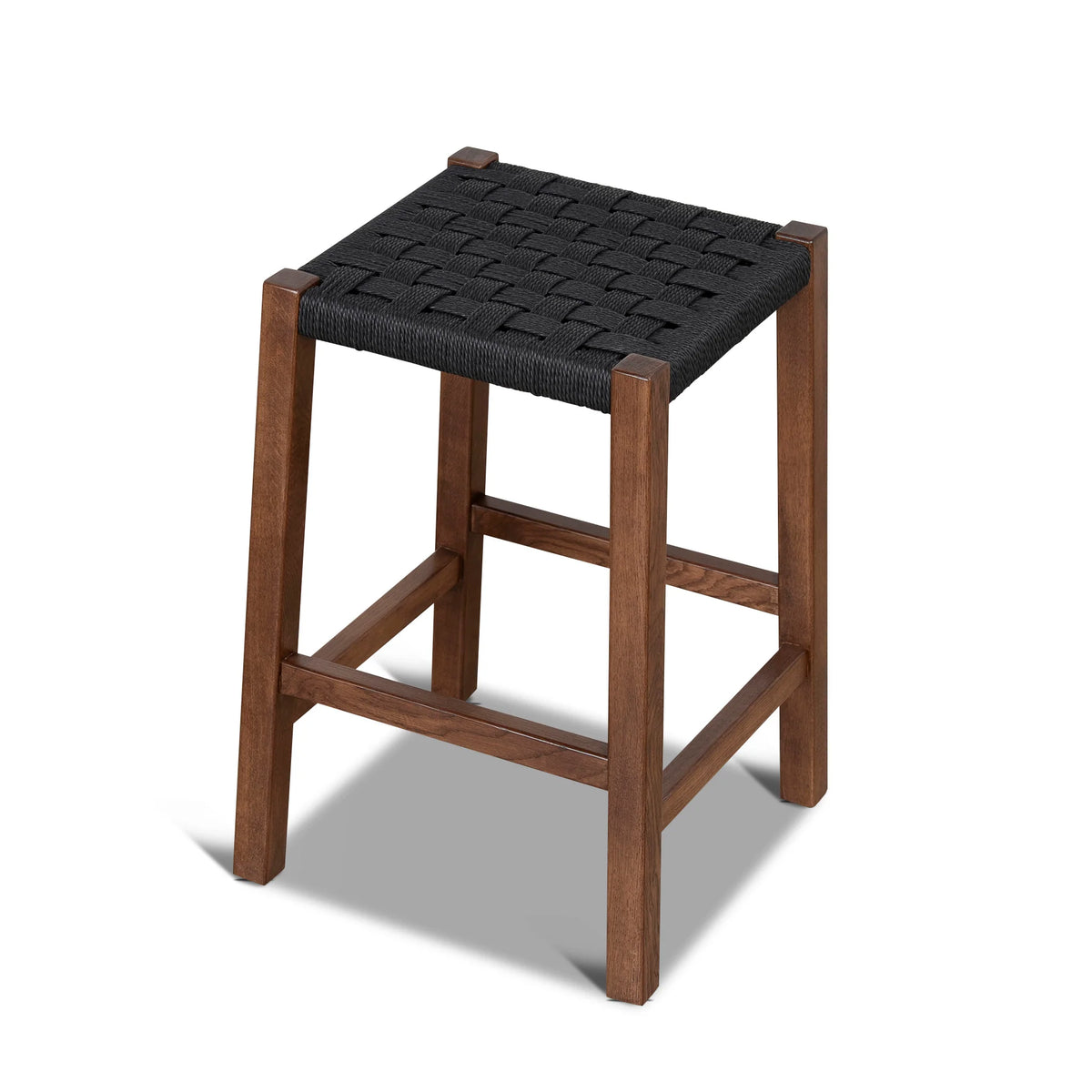 Baybreeze | Backless Coastal Black Walnut Natural Wooden Rattan Bar Stool | Walnut