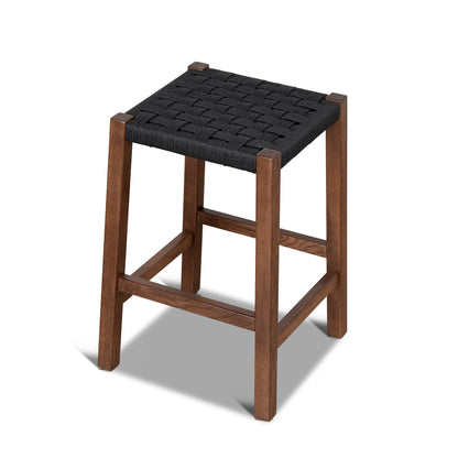 Baybreeze | Backless Coastal Black Walnut Natural Wooden Rattan Bar Stool | Walnut