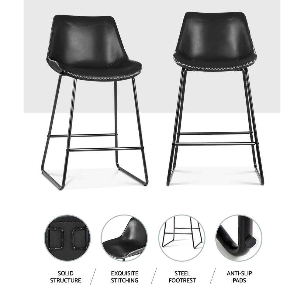 Bertrand | Modern Metal PU Leather Bar Stools | Set Of 2 | Black