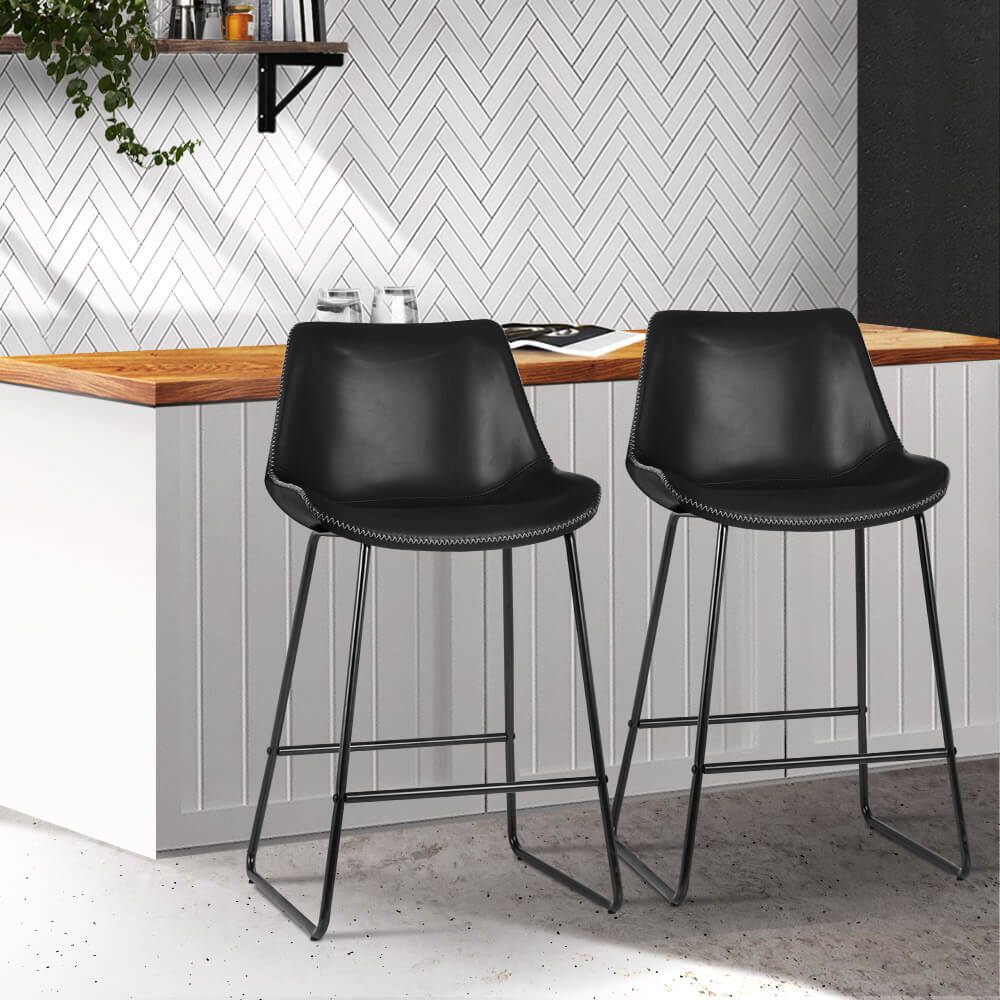 Bertrand | Modern Metal PU Leather Bar Stools | Set Of 2 | Black