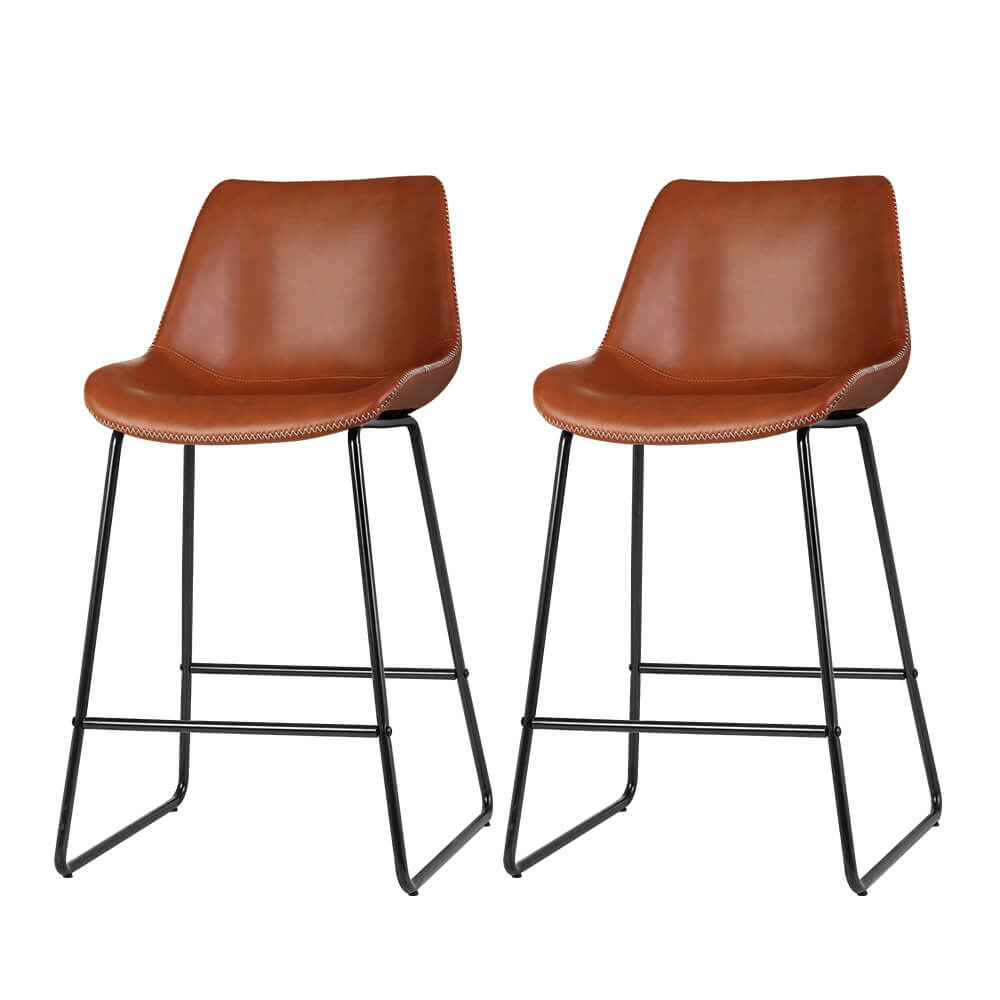 Bertrand | Modern Metal PU Leather Bar Stools | Set Of 2 | Brown