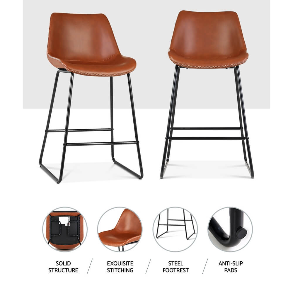 Bertrand | Modern Metal PU Leather Bar Stools | Set Of 2 | Brown