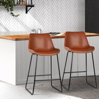 Bertrand | Modern Metal PU Leather Bar Stools | Set Of 2 | Brown