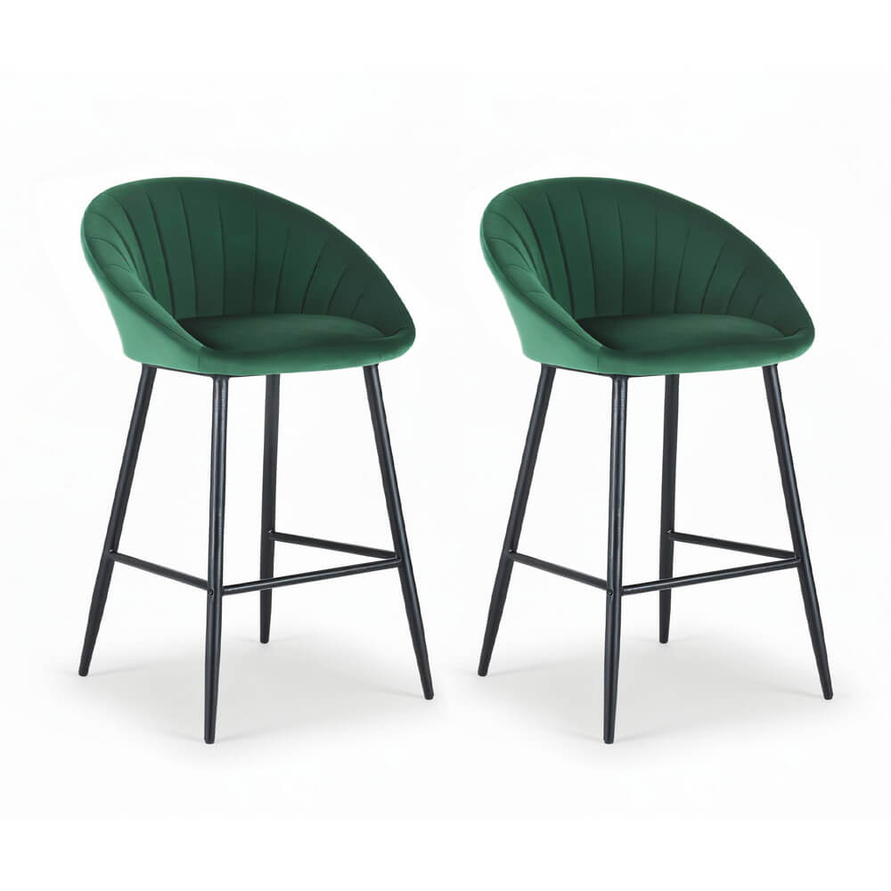 Bicheno | Modern Metal Green Velvet Bar Stools | Set Of 2 | Green
