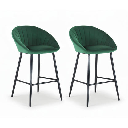 Bicheno | Modern Metal Green Velvet Bar Stools | Set Of 2 | Green