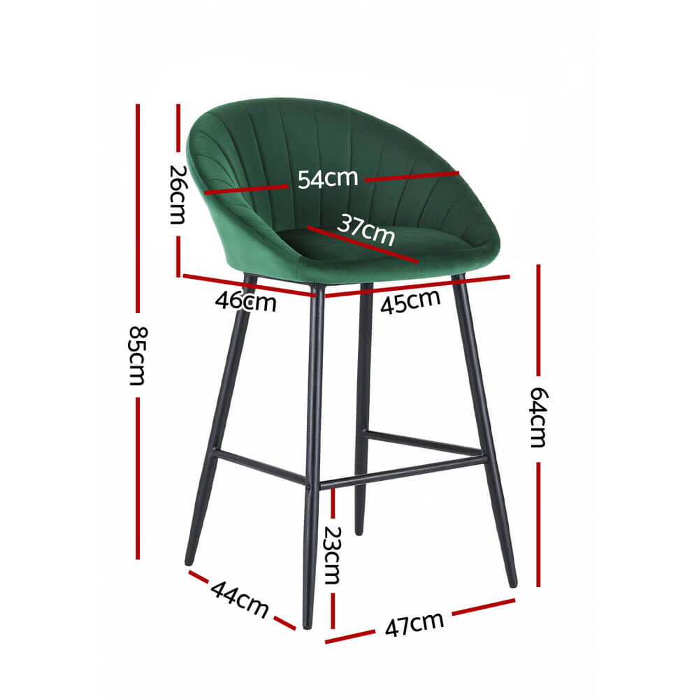 Bicheno | Modern Metal Green Velvet Bar Stools | Set Of 2 | Green