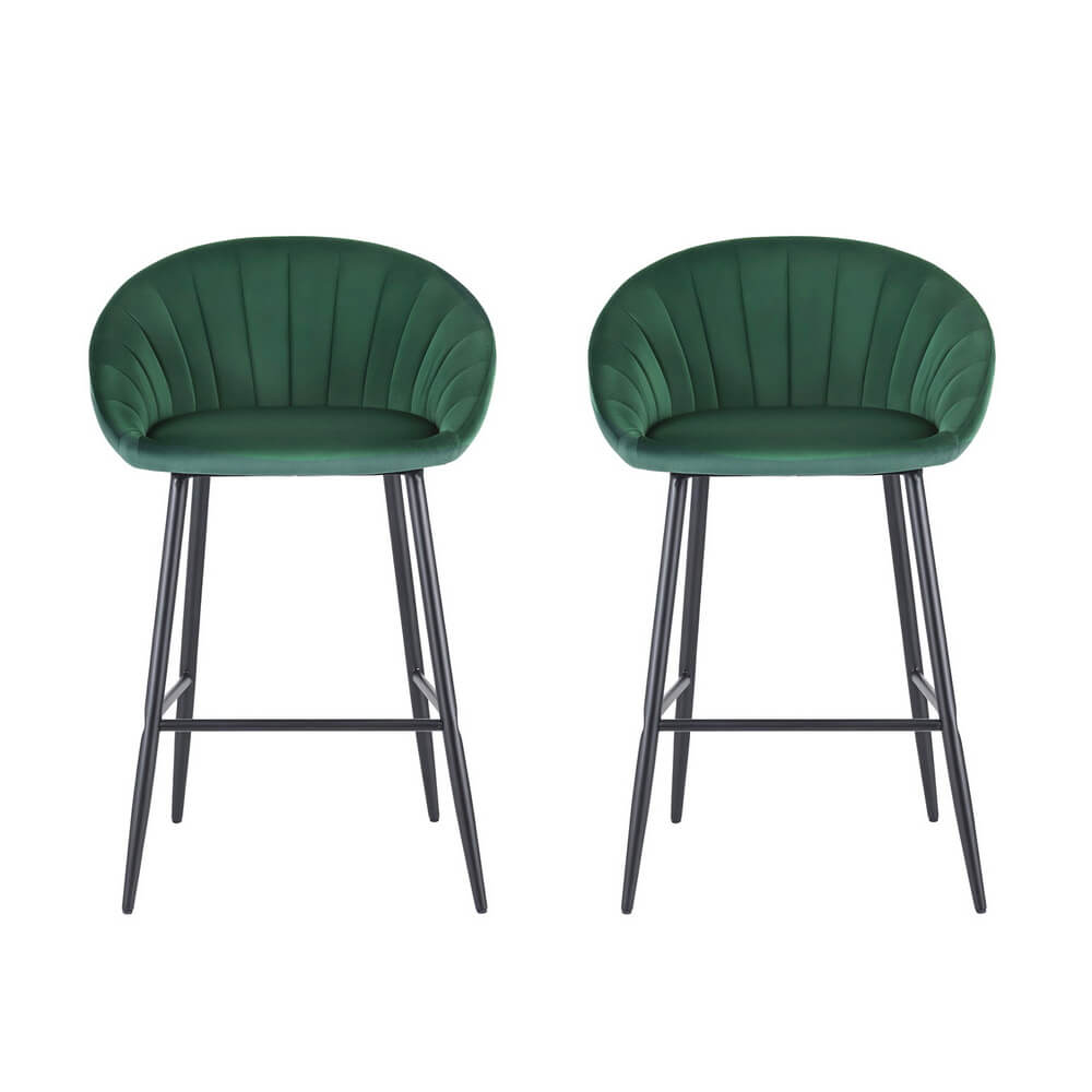 Bicheno | Modern Metal Green Velvet Bar Stools | Set Of 2 | Green