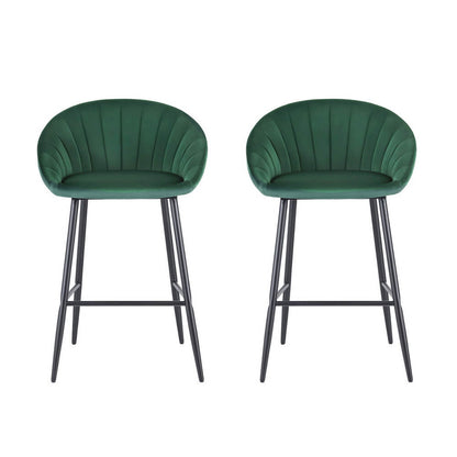 Bicheno | Modern Metal Green Velvet Bar Stools | Set Of 2 | Green