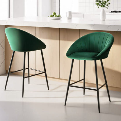Bicheno | Modern Metal Green Velvet Bar Stools | Set Of 2 | Green