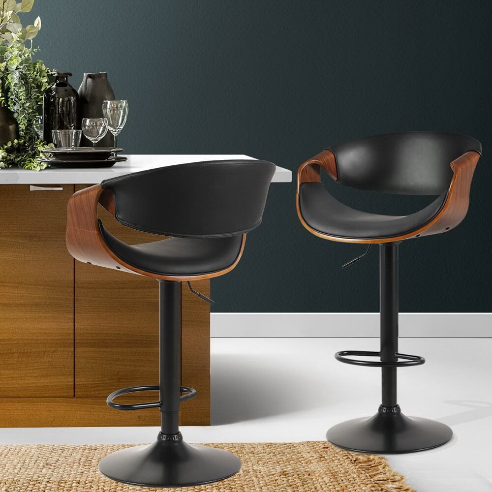Contemporary Black PU Leather Wooden Bar Stools | Set Of 2