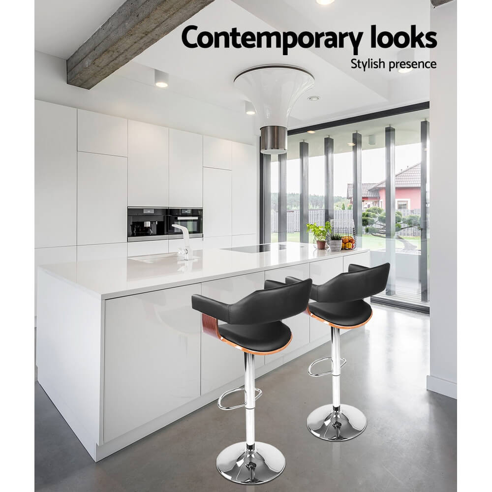 Bolton | Modern Black PU Leather Wooden Bar Stools With Arms | Set Of 2 | Black