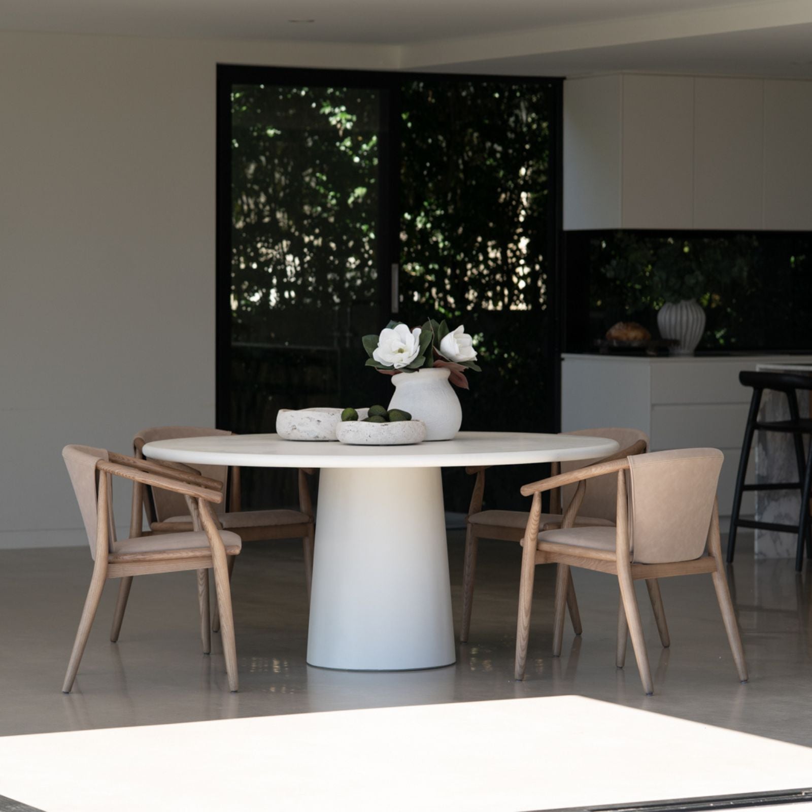 Botanica | Coastal PU Leather Light Khaki Tan Wooden Dining Chairs With Arms | Khaki