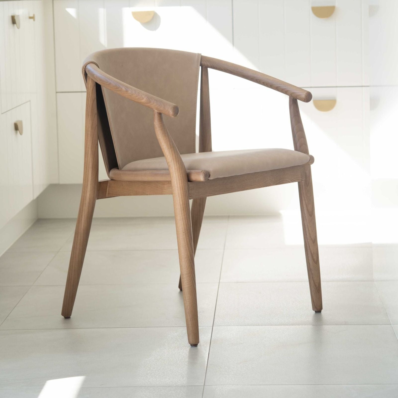 Botanica | Coastal PU Leather Light Khaki Tan Wooden Dining Chairs With Arms | Khaki