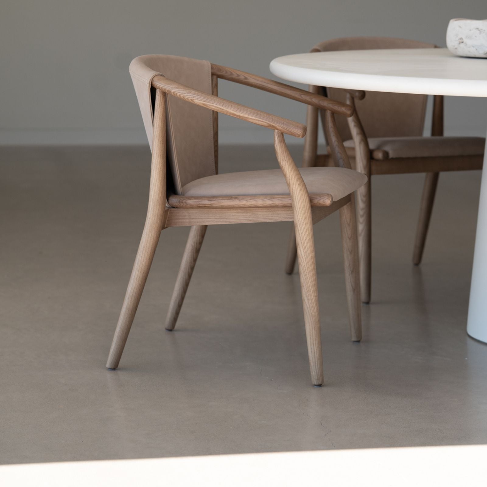 Botanica | Coastal PU Leather Light Khaki Tan Wooden Dining Chairs With Arms | Khaki