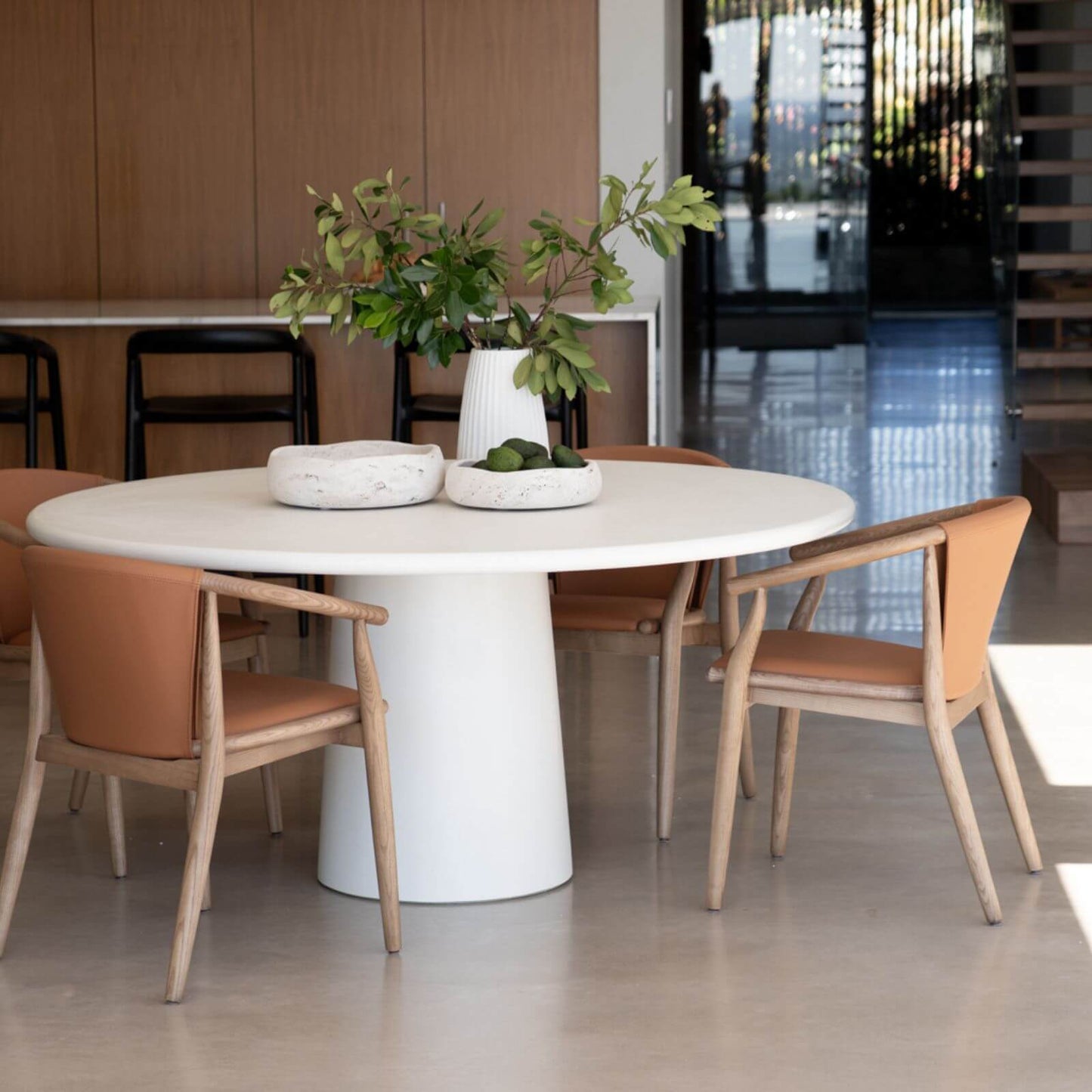 Botanica | Coastal PU Leather Light Khaki Tan Wooden Dining Chairs With Arms | Tan