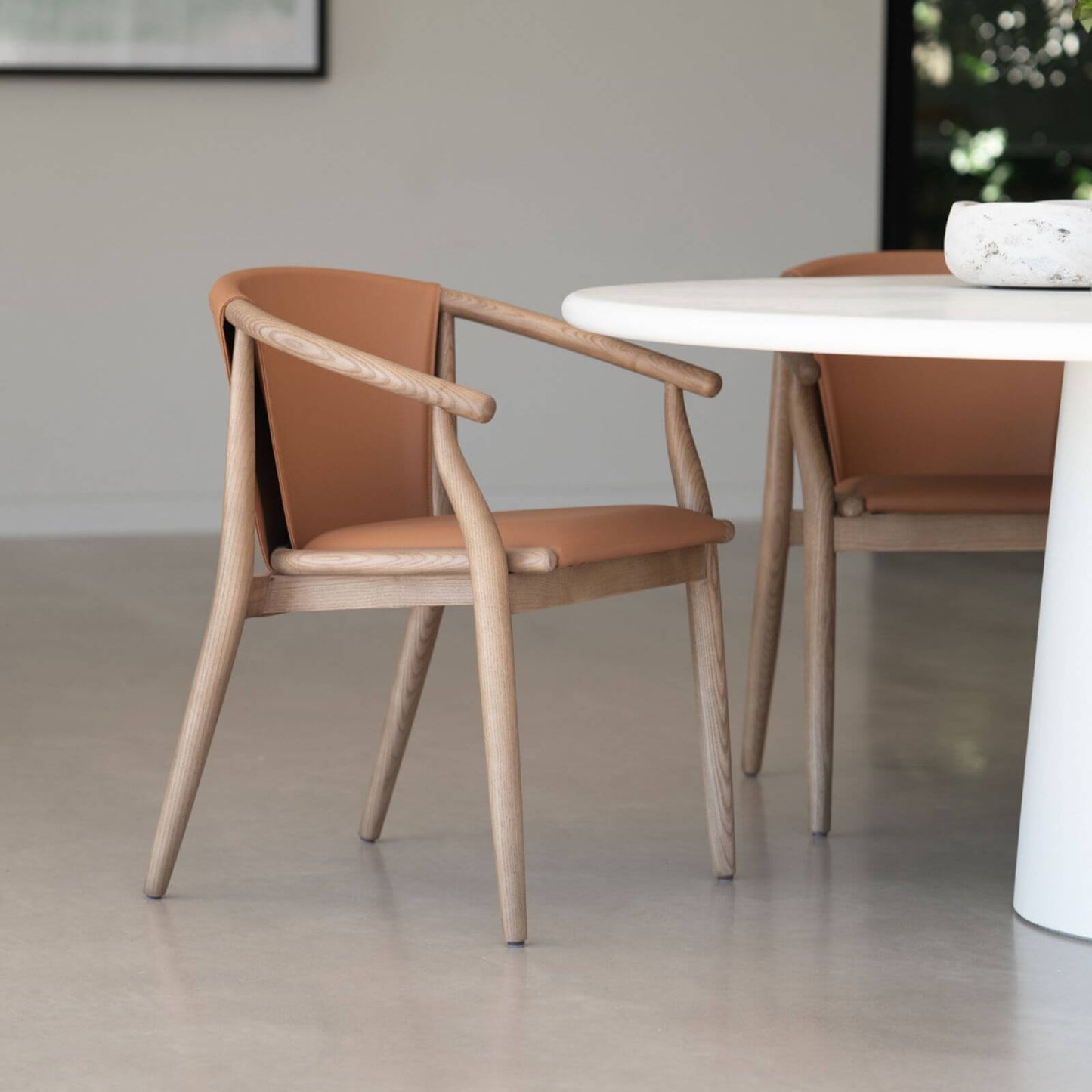Botanica | Coastal PU Leather Light Khaki Tan Wooden Dining Chairs With Arms | Tan