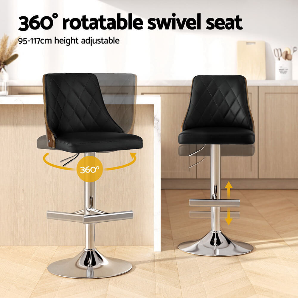 Braun | Modern Wood Swivel PU Leather Adjustable Bar Stools | Set Of 2 | Black