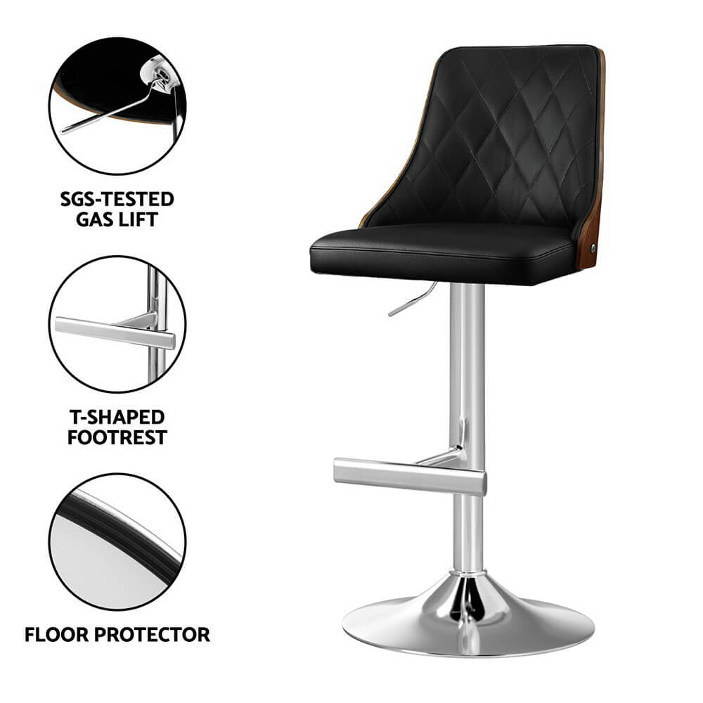 Braun | Modern Wood Swivel PU Leather Adjustable Bar Stools | Set Of 2 | Black