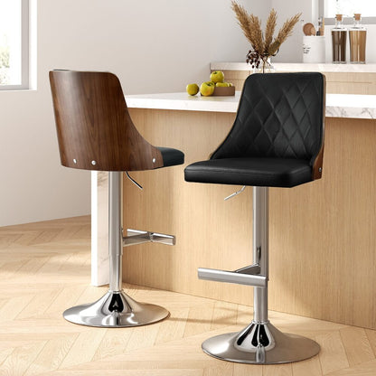 Braun | Modern Wood Swivel PU Leather Adjustable Bar Stools | Set Of 2 | Black