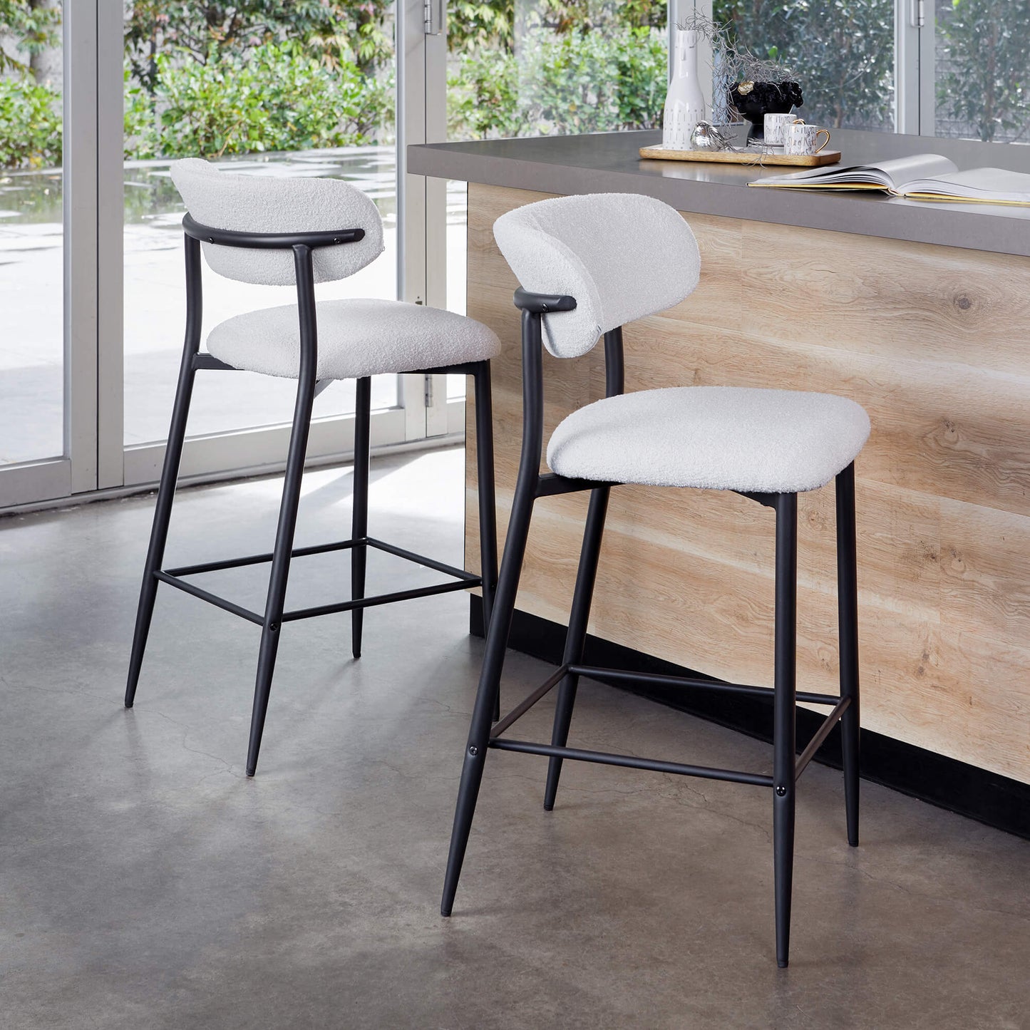 Buller | Mid Century Off White Boucle Fabric Bar Stools | Set Of 2 | White