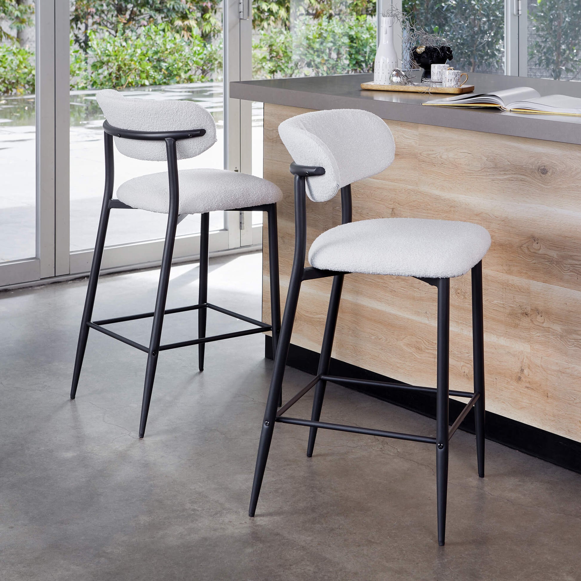 Buller | Mid Century Off White Boucle Fabric Bar Stools | Set Of 2 | White