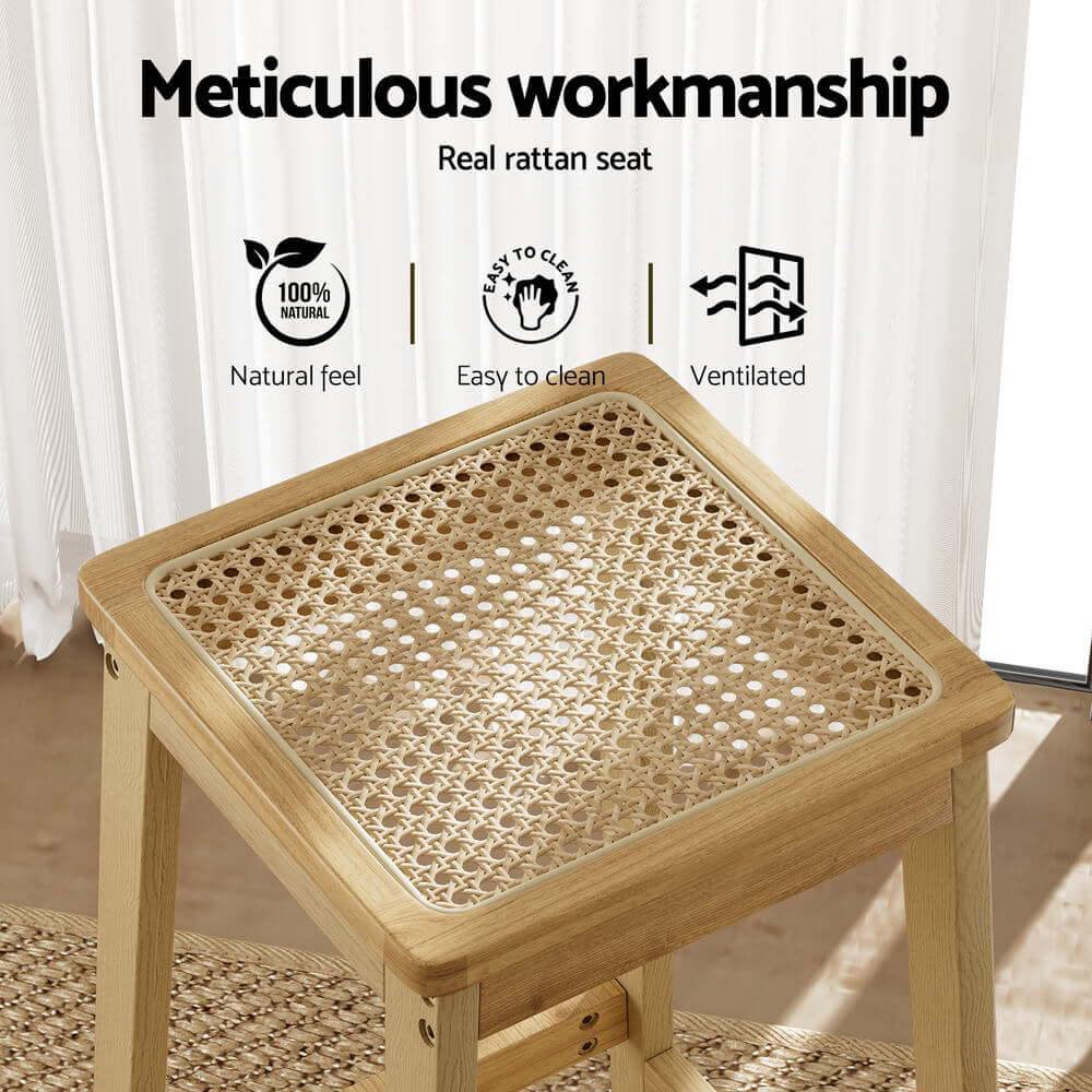 Coastal Natural Rattan Wooden Bar Stools | Set Of 2