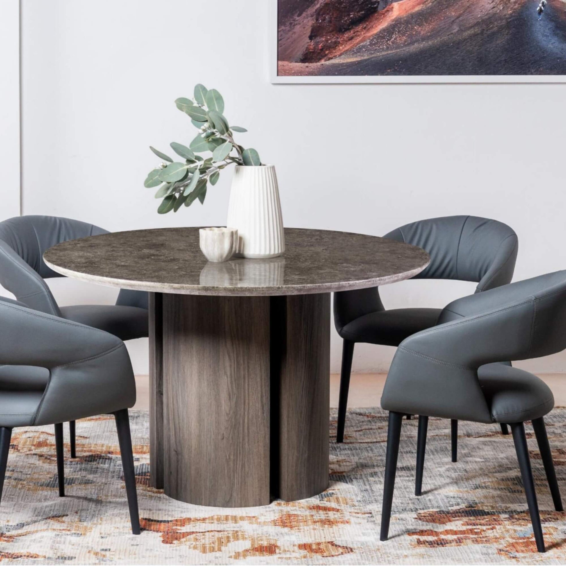 Carinya Grey Modern Marble Round Wooden Dining Table | Grey