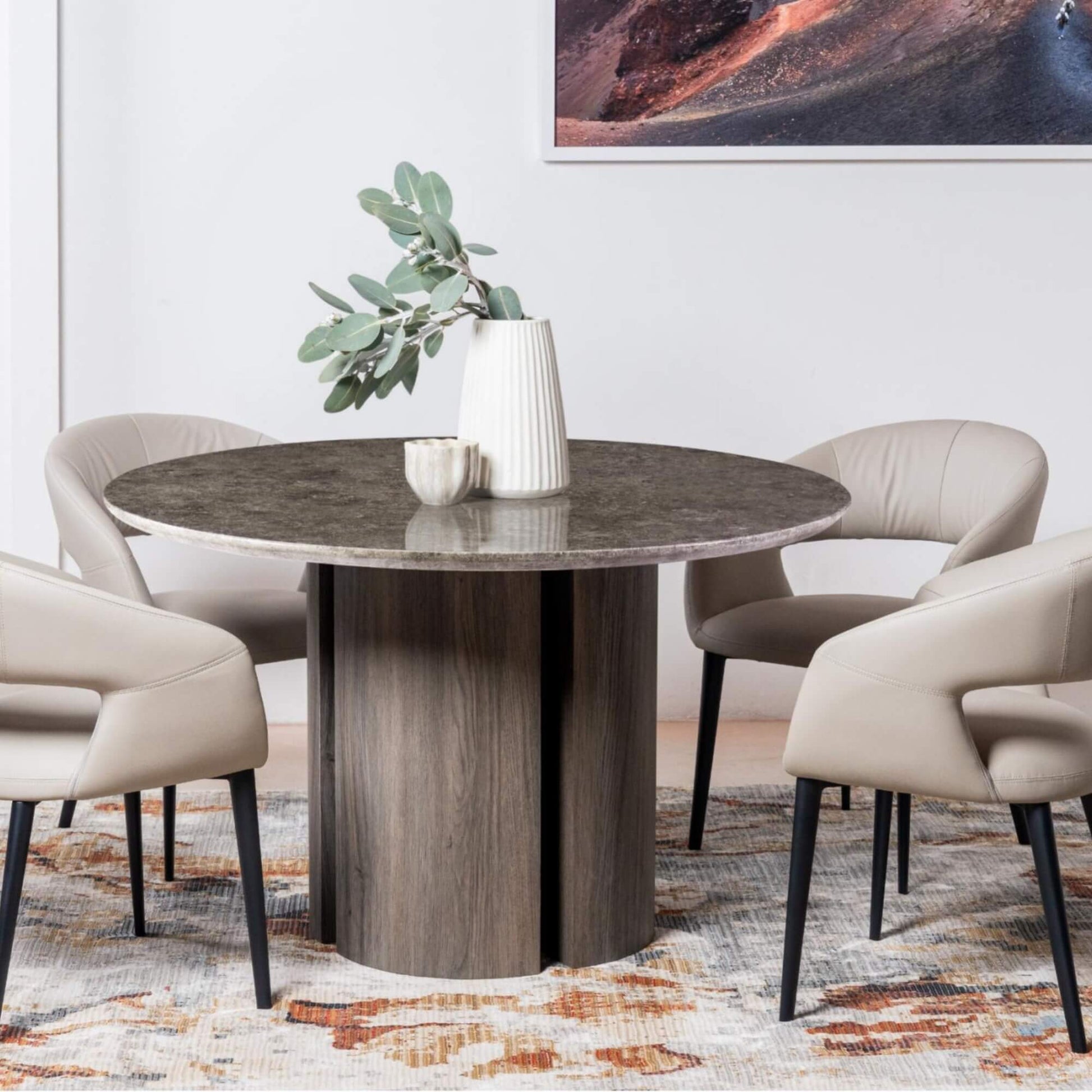 Carinya Grey Modern Marble Round Wooden Dining Table | Grey