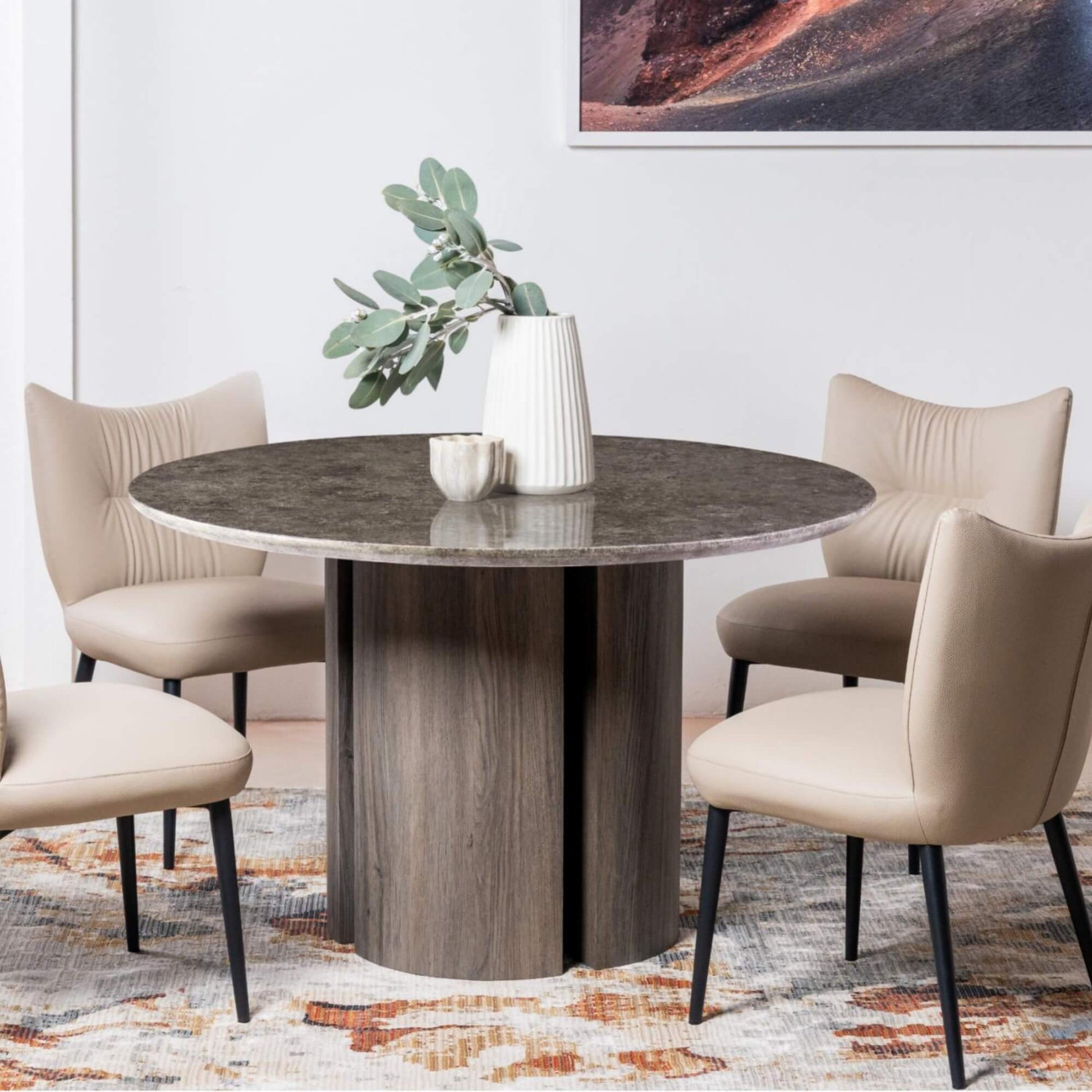 Carinya Grey Modern Marble Round Wooden Dining Table | Grey