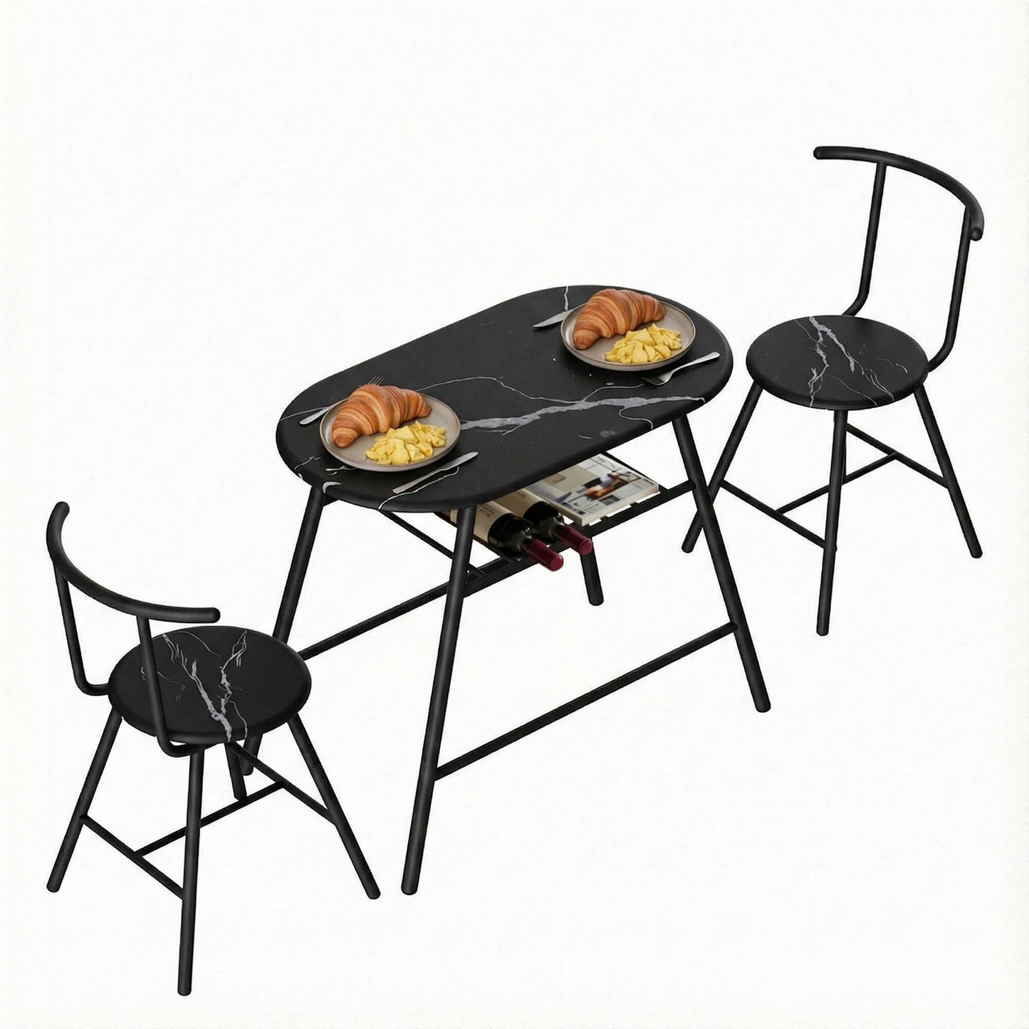 Carmelle | 2 Setter Kitchen Storage Wine Rack Black Marble Dining Table Set | Black