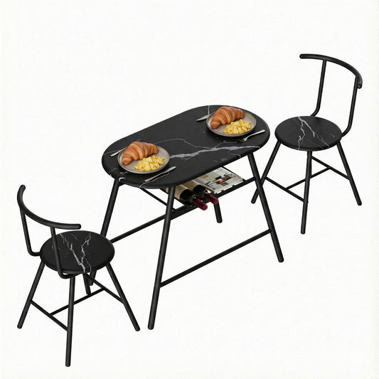 Carmelle | 2 Setter Kitchen Storage Wine Rack Black Marble Dining Table Set | Black