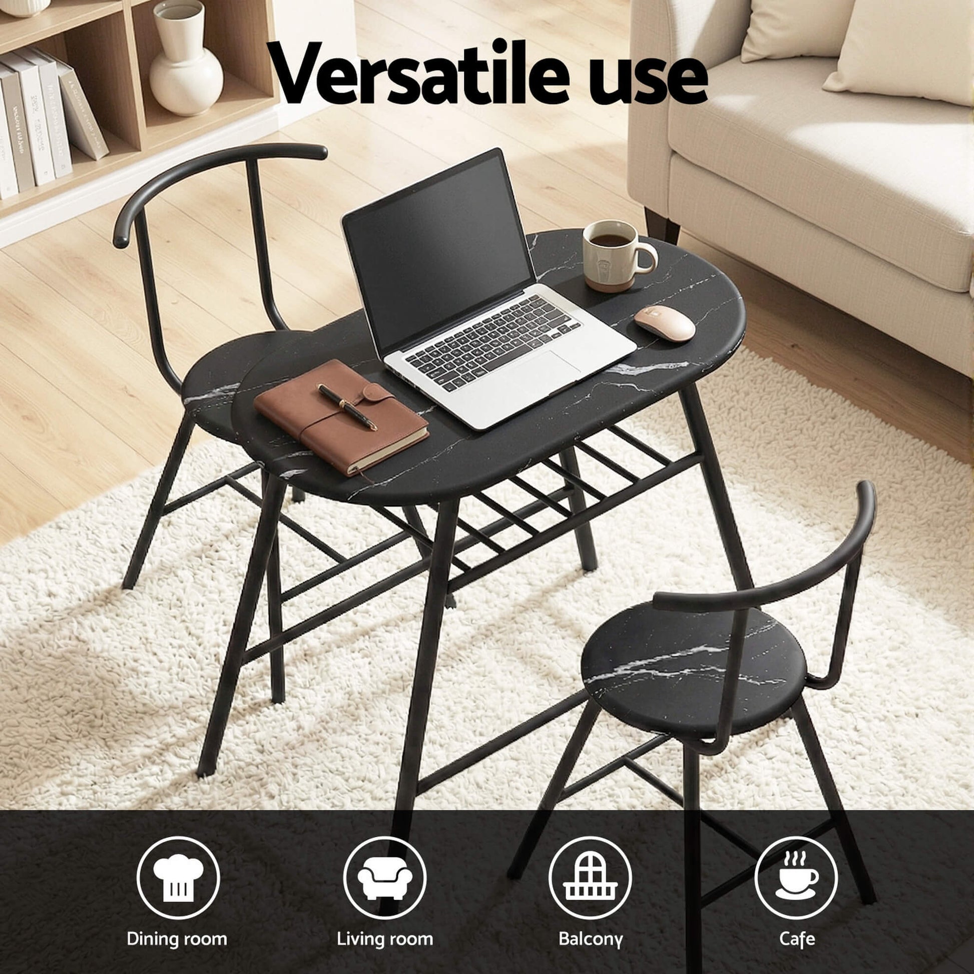 Carmelle | 2 Setter Kitchen Storage Wine Rack Black Marble Dining Table Set | Black