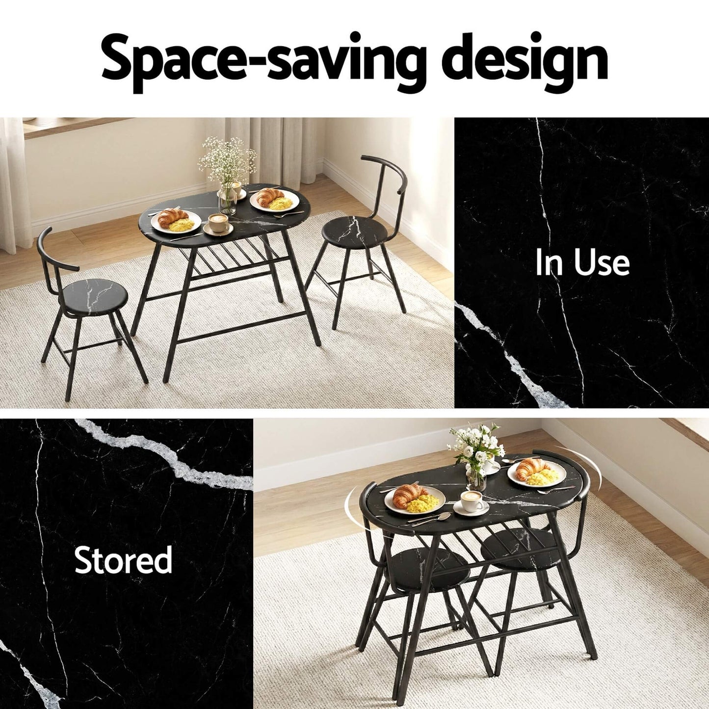 Carmelle | 2 Setter Kitchen Storage Wine Rack Black Marble Dining Table Set | Black