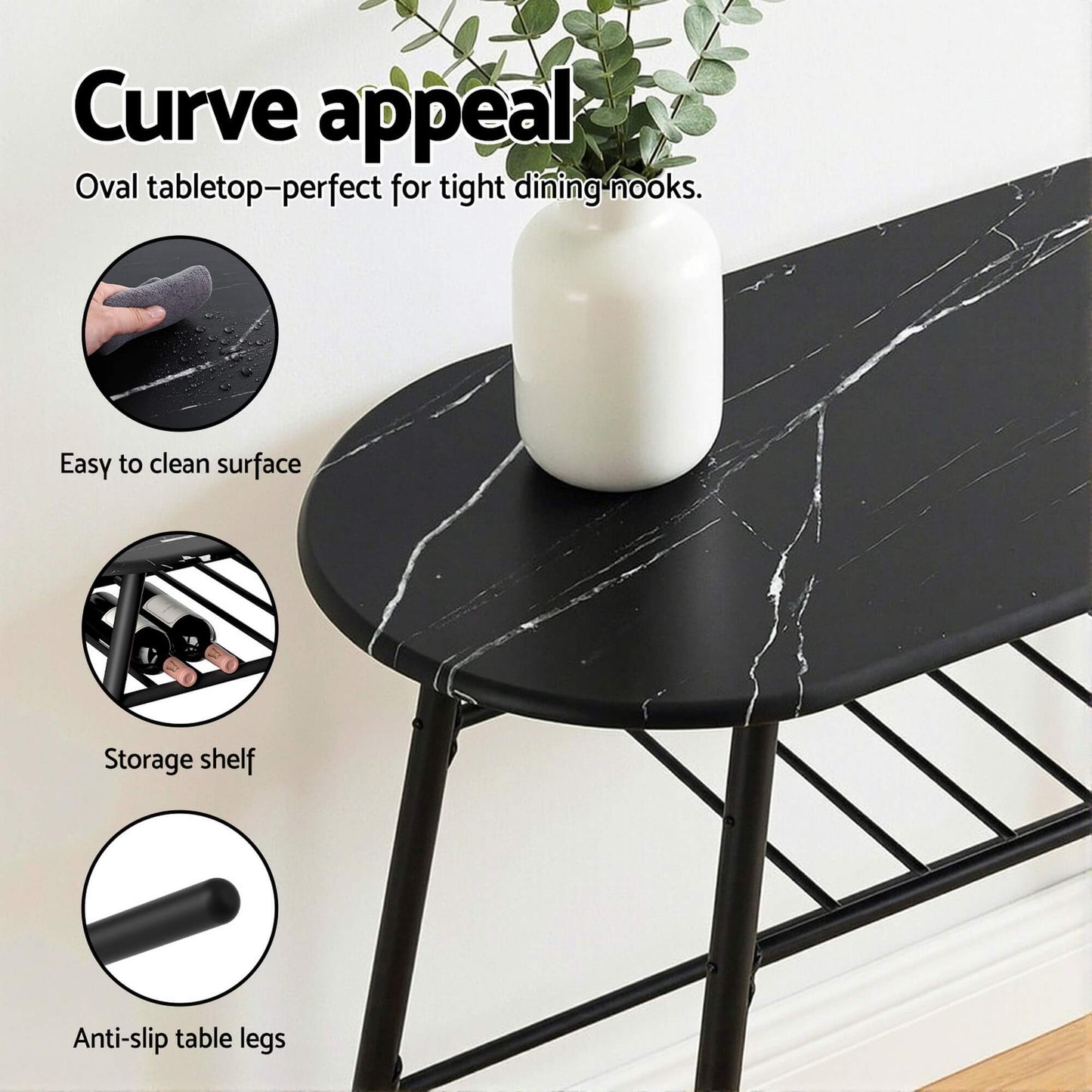 Carmelle | 2 Setter Kitchen Storage Wine Rack Black Marble Dining Table Set | Black