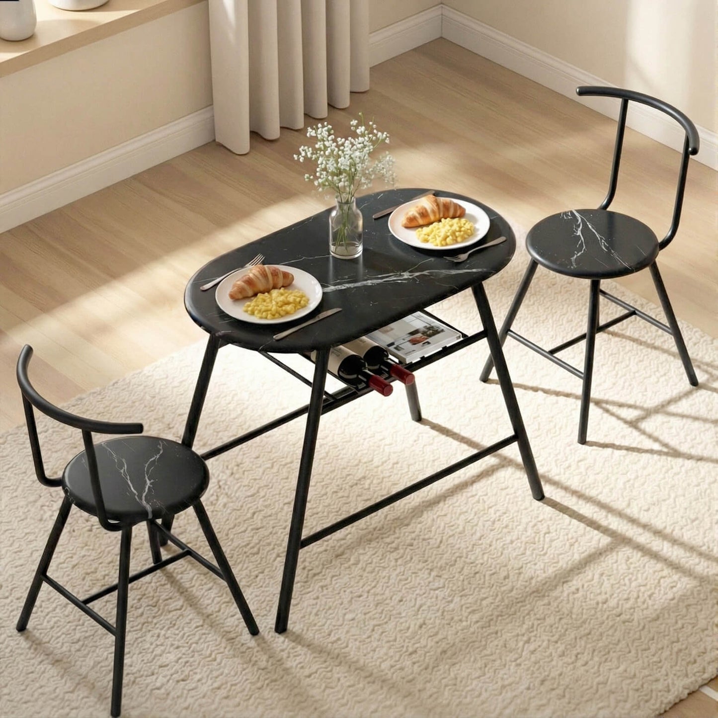 Carmelle | 2 Setter Kitchen Storage Wine Rack Black Marble Dining Table Set | Black