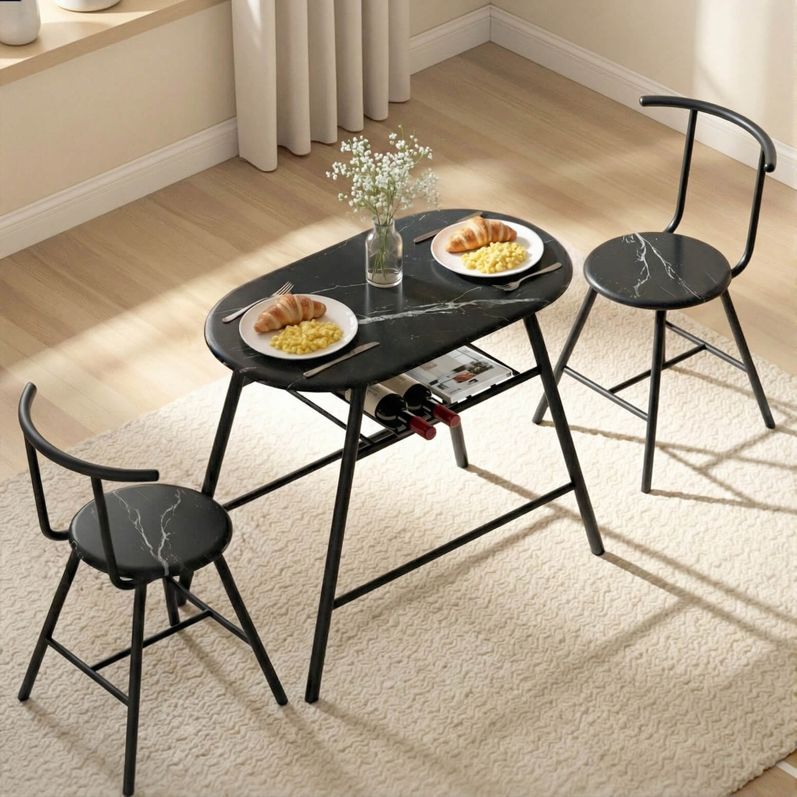 Carmelle | 2 Setter Kitchen Storage Wine Rack Black Marble Dining Table Set | Black