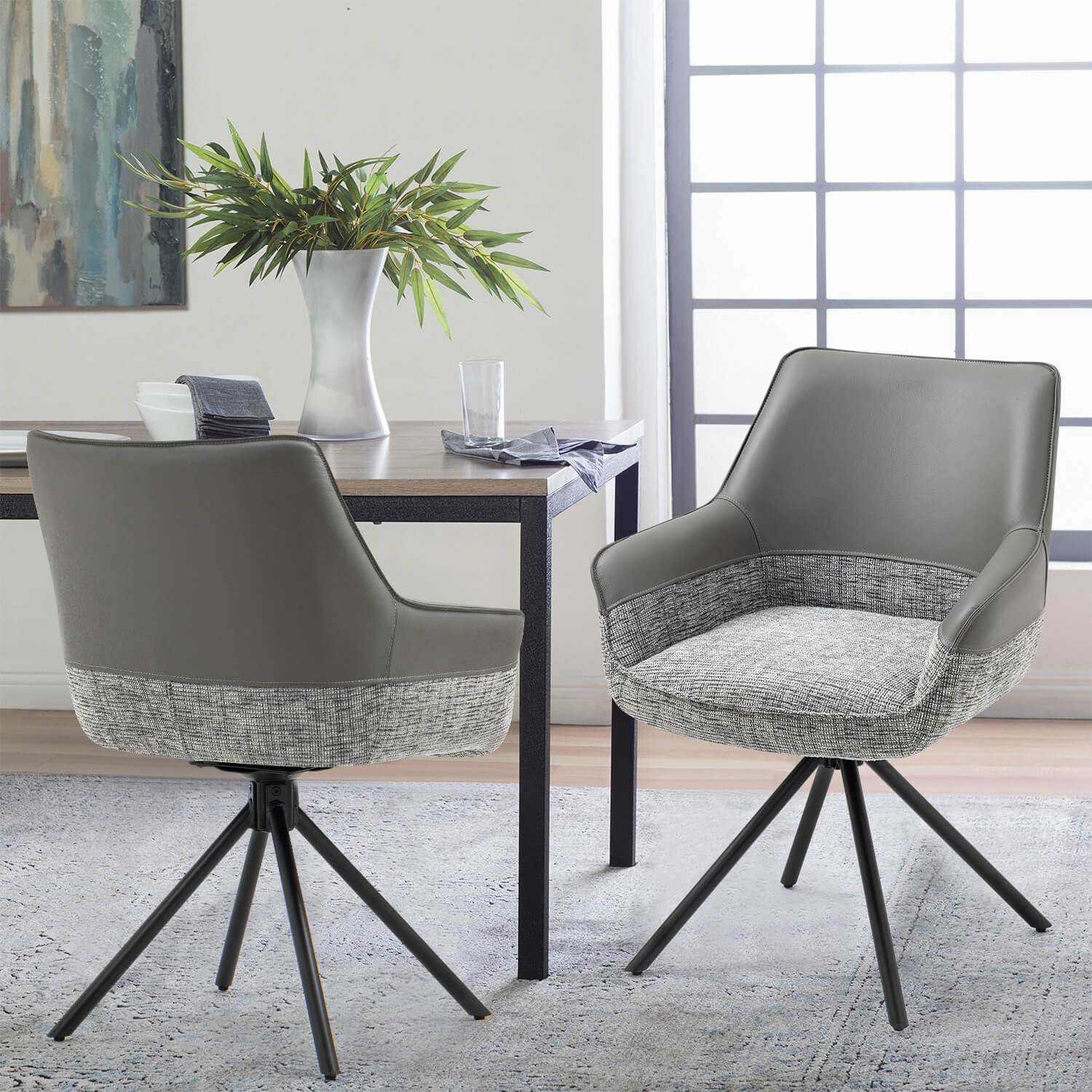 Carnarvon | Modern Leather Fabric Swivel Dining Chair With Arms | Set Of 2 | Grey