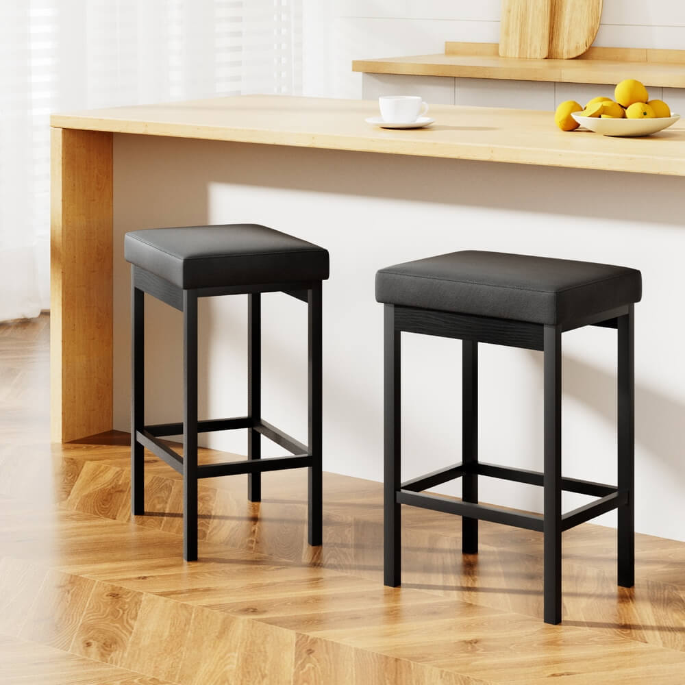 Clemente | Modern Backless 66cm Black PU Leather Bar Stools | Set Of 2 | Black