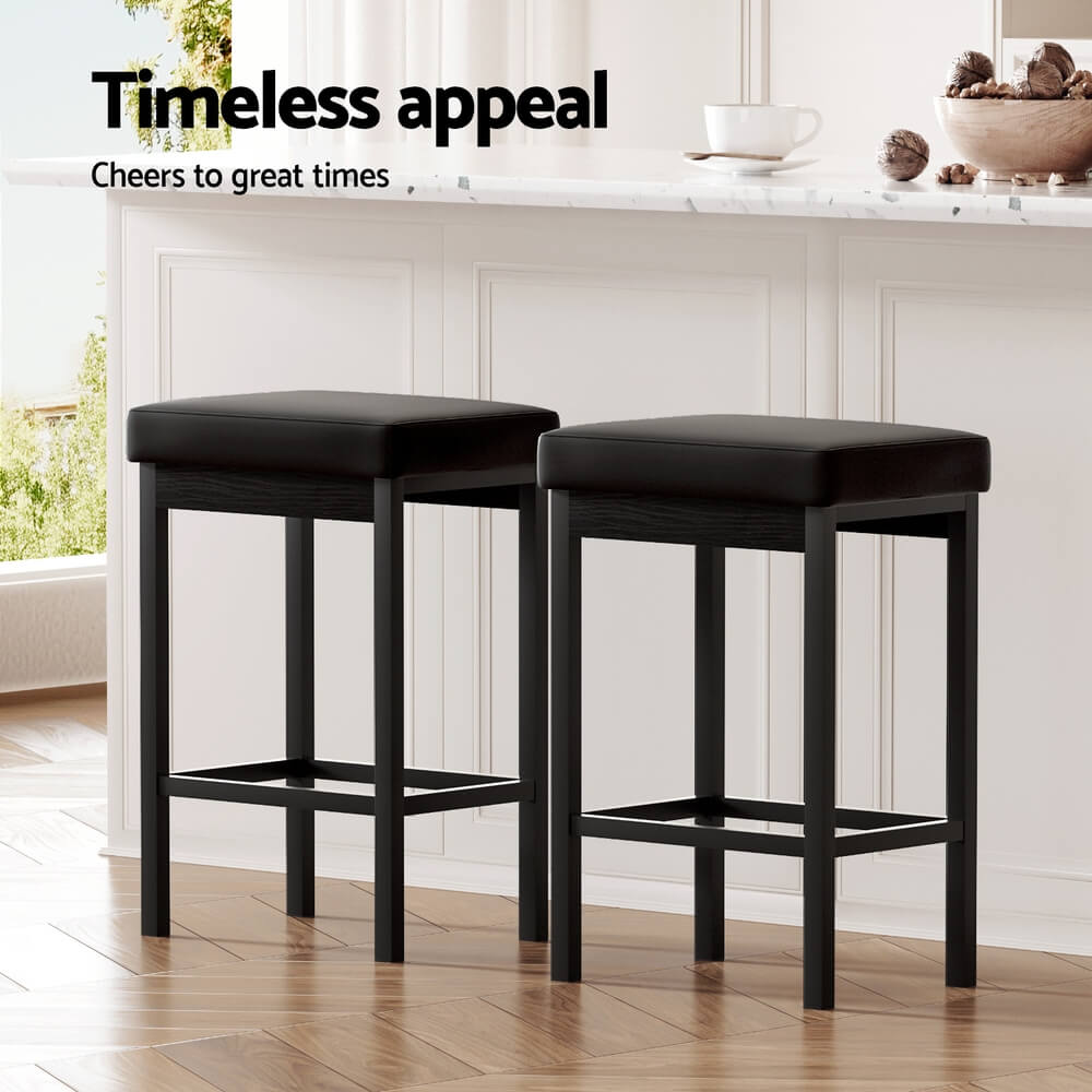 Clemente | Modern Backless 66cm Black PU Leather Bar Stools | Set Of 2 | Black
