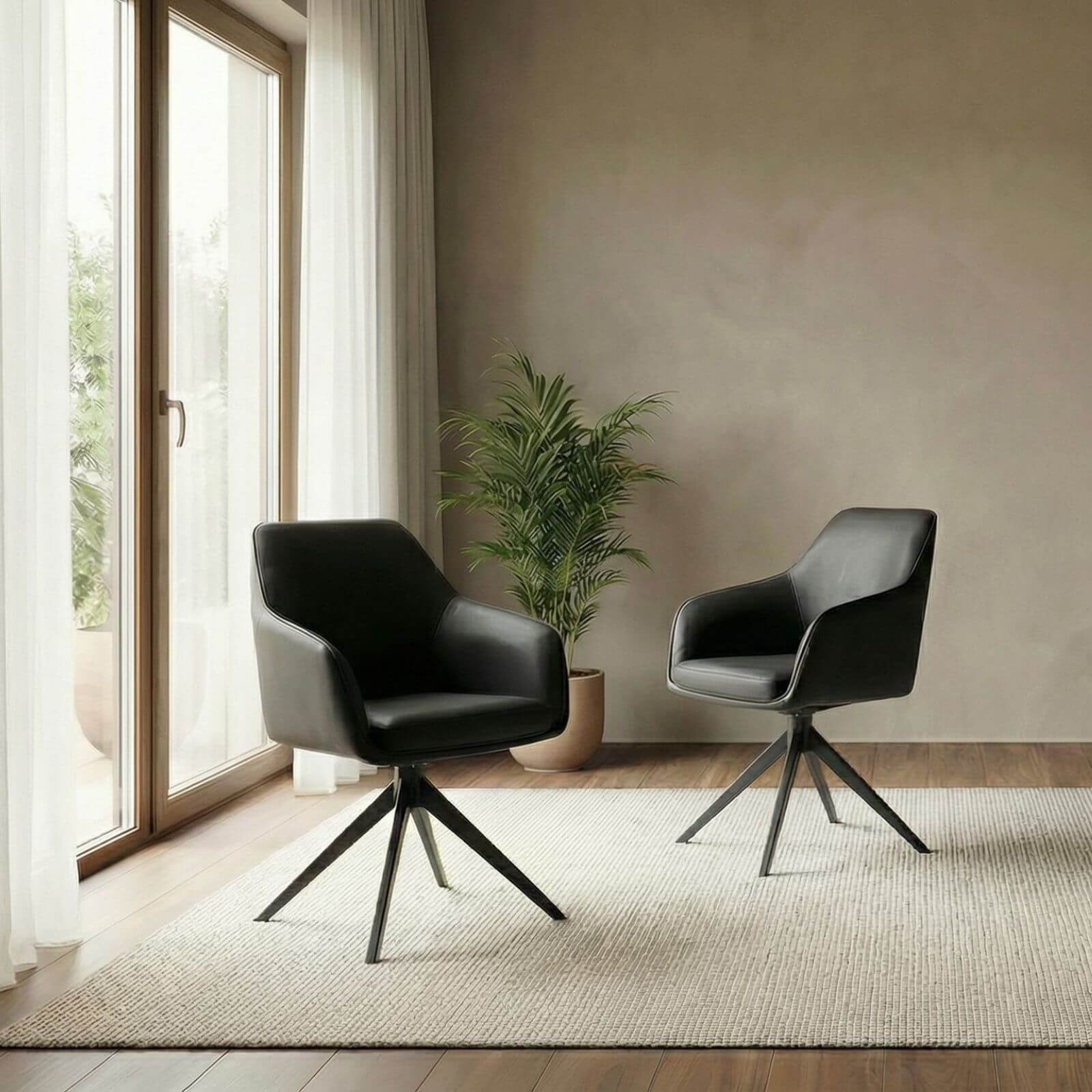 Clements | Olive Fabric Black Eco Leather Swivel Dining Chairs With Arms | Set Of 2 | Black