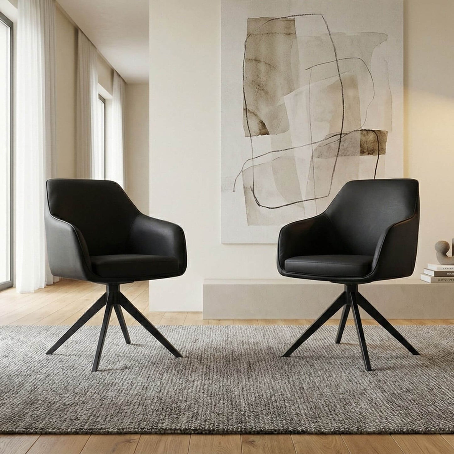 Clements | Olive Fabric Black Eco Leather Swivel Dining Chairs With Arms | Set Of 2 | Black