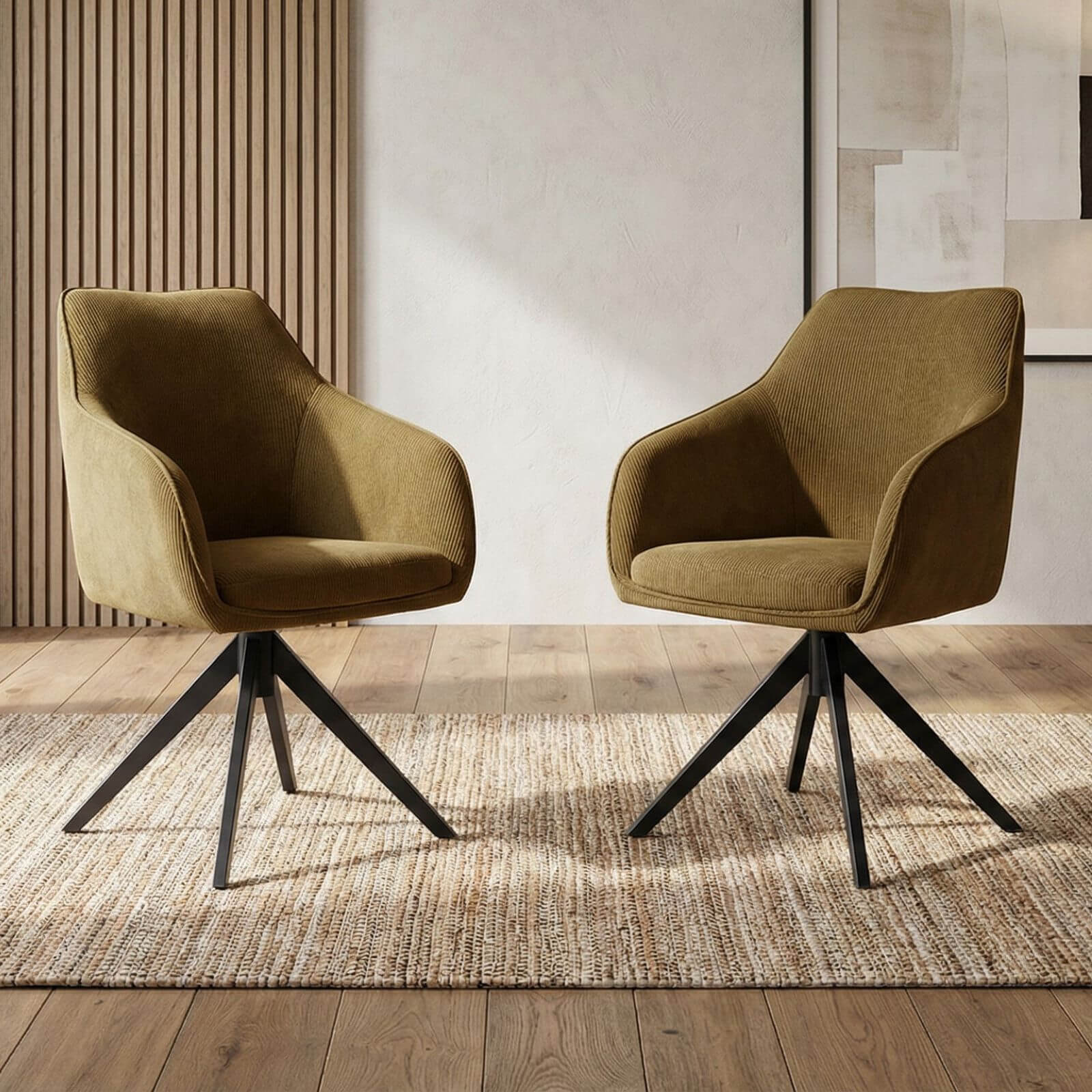 Clements | Olive Fabric Black Eco Leather Swivel Dining Chairs With Arms | Set Of 2 | Olive