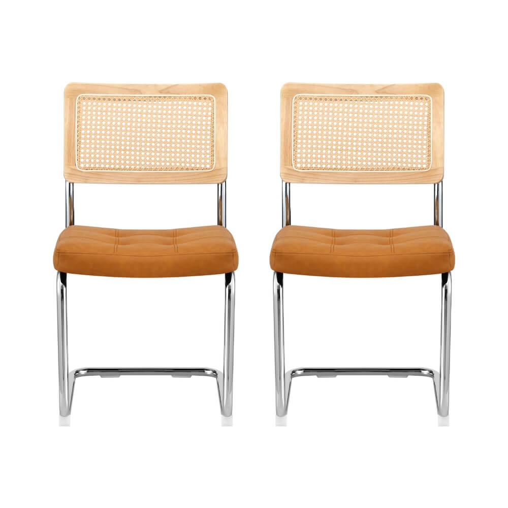 Clovelly | Coastal Brown Wooden Metal Rattan PU Leather Dining Chairs | Set Of 2 | Brown