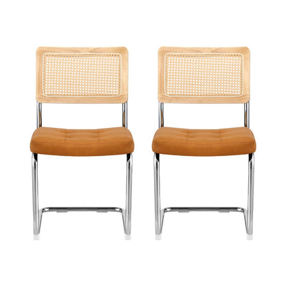 Clovelly | Coastal Brown Wooden Metal Rattan PU Leather Dining Chairs | Set Of 2 | Brown