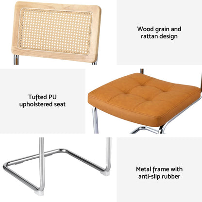 Clovelly | Coastal Brown Wooden Metal Rattan PU Leather Dining Chairs | Set Of 2 | Brown