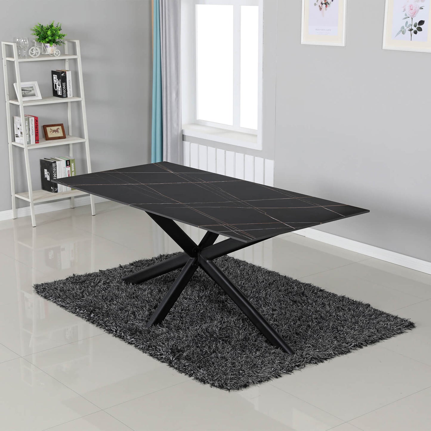 Crompton | Metal Black Sintered Stone 1.8m Rectangular Dining Table | Black