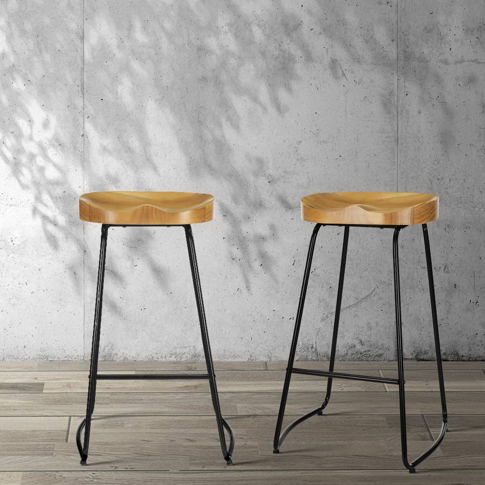 Curtin | Industrial Country Wooden Metal Bar Stools | Set Of 2 | Natural