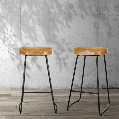 Curtin | Industrial Country Wooden Metal Bar Stools | Set Of 2 | Natural