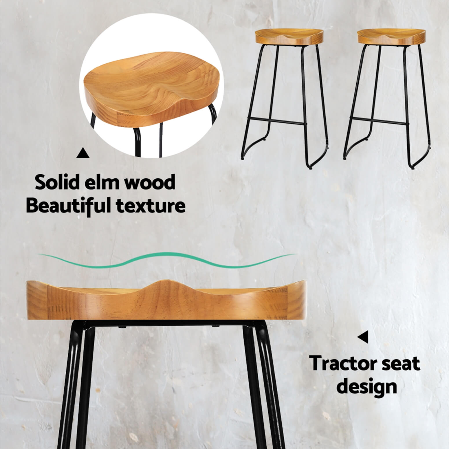 Curtin | Industrial Country Wooden Metal Bar Stools | Set Of 2 | Natural